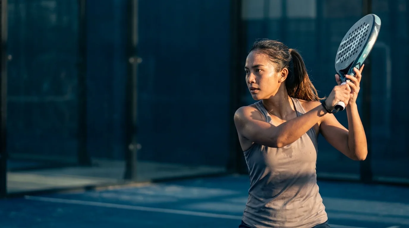 Perempuan Indonesia bermain padel di lapangan luar ruang tanpa kacamata