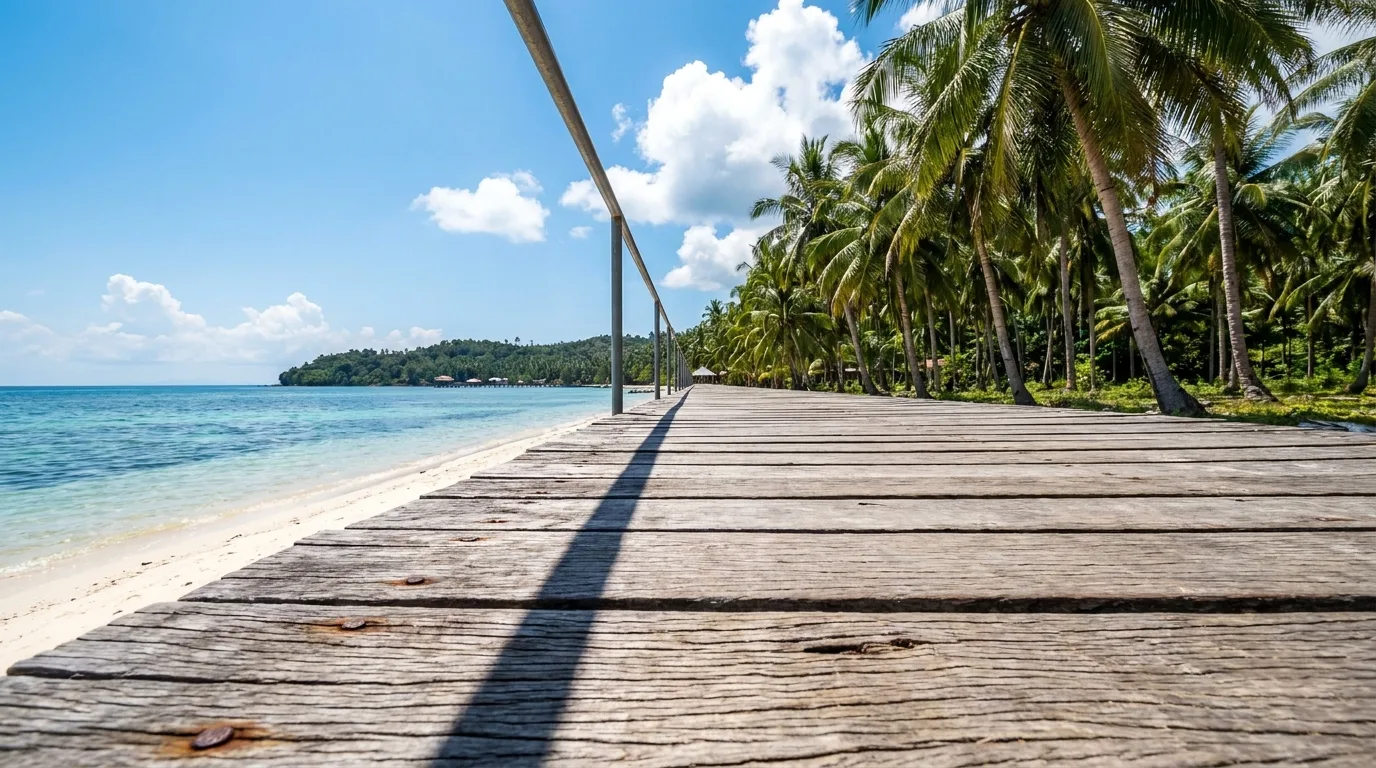 Jalan kayu di tepi pantai tropis yang cerah, dipakai untuk mensimulasikan penglihatan mata minus